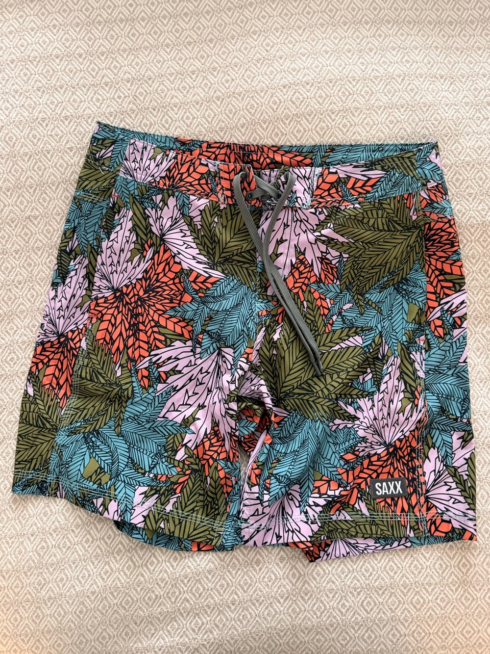 Saxx Tropical Leaf Athletic Shorts in Green, Teal, Coral & Lavender